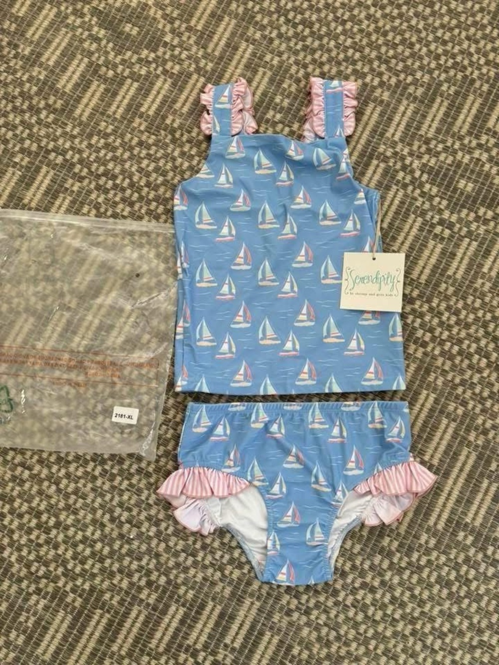 Serendipity Kids Blue Sailboat Tankini Set with Pink Ruffle Trim